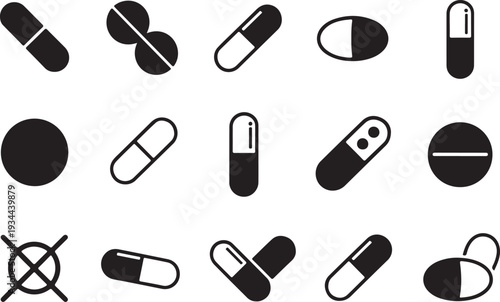 Medical icons pattern featuring pills and tablet vector. Black and white Pills with capsules icon set for medicine, pharmacy, and healthcare vector illustration
