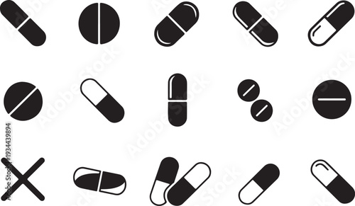 Medical icons pattern featuring pills and tablet vector. Black and white Pills with capsules icon set for medicine, pharmacy, and healthcare vector illustration