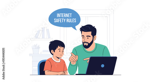 Modern vector illustration of father explaining internet safety rules to child using laptop. Digital awareness and responsible technology use parenting concept