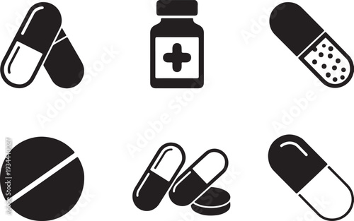 Black Icon Medicine Multiple Style Design Vector, bottle with pills symbolizing healthcare. Set of medicine bottles and pills icons vector illustration