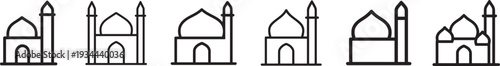 Arabic mosque masjid and minaret outline icon set. Islamic architecture thin line vector symbols.