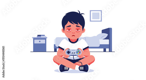 Modern vector illustration of child with tired eyes holding gaming controller. Health risks of excessive gaming and digital overuse concept for youth wellbeing