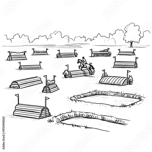 Equestrian cross country course with various jumps and water obstacles in a field