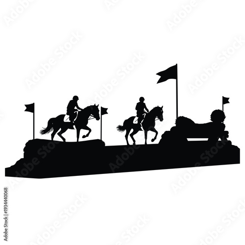 Equestrian eventing silhouette with riders jumping obstacles and flags against a white background