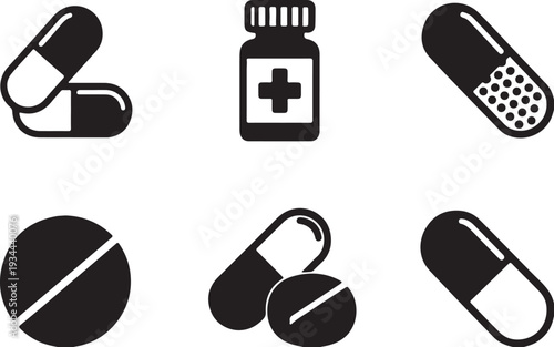 Black Icon Medicine Multiple Style Design Vector, bottle with pills symbolizing healthcare. Set of medicine bottles and pills icons vector illustration