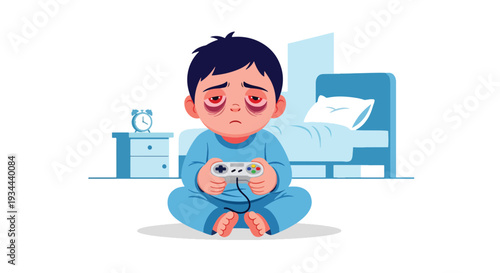 Modern vector illustration of child with tired eyes holding gaming controller. Health risks of excessive gaming and digital overuse concept for youth wellbeing