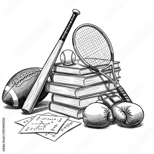 Balancing sports equipment and academic books, representing the duality of student-athlete life