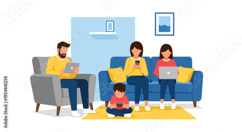 Modern vector illustration of family sitting together but each using separate devices. Digital isolation and communication breakdown concept in modern parenting lifestyle