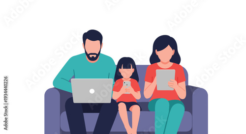 Modern vector illustration of family sitting together but each using separate devices. Digital isolation and communication breakdown concept in modern parenting lifestyle