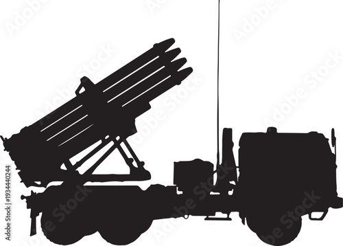Vector black silhouette military missile launcher truck side view Flat design, Military Rocket Launcher Truck Silhouette Vector Illustration