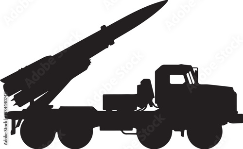 Vector black silhouette military missile launcher truck side view Flat design, Military Rocket Launcher Truck Silhouette Vector Illustration