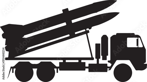 Vector black silhouette military missile launcher truck side view Flat design, Military Rocket Launcher Truck Silhouette Vector Illustration