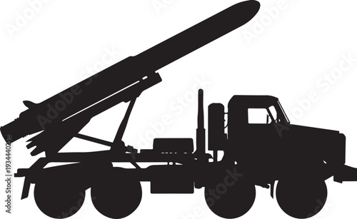 Vector black silhouette military missile launcher truck side view Flat design, Military Rocket Launcher Truck Silhouette Vector Illustration