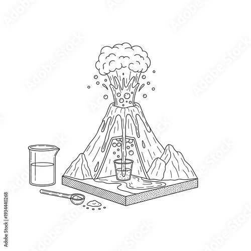Illustration of a science experiment demonstrating a volcanic eruption with bubbling lava and smoke