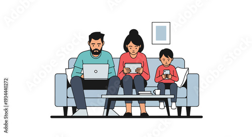 Modern vector illustration of family sitting together but each using separate devices. Digital isolation and communication breakdown concept in modern parenting lifestyle