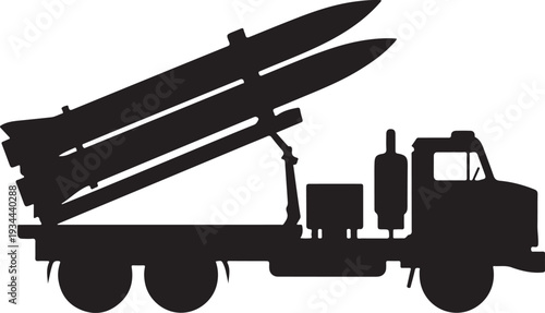 Vector black silhouette military missile launcher truck side view Flat design, Military Rocket Launcher Truck Silhouette Vector Illustration