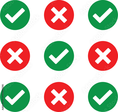Grid of checkmarks and crosses in green and red circles Vector