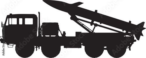 Vector black silhouette military missile launcher truck side view Flat design, Military Rocket Launcher Truck Silhouette Vector Illustration