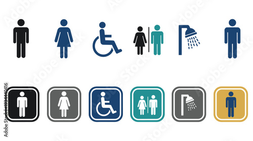 Restroom icons for men, women, disabled, and shower facilities