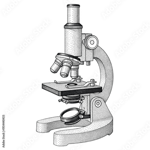 Detailed illustration of a classic laboratory microscope in black and white