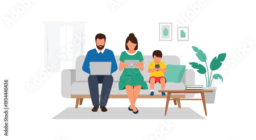 Modern vector illustration of family sitting together but each using separate devices. Digital isolation and communication breakdown concept in modern parenting lifestyle