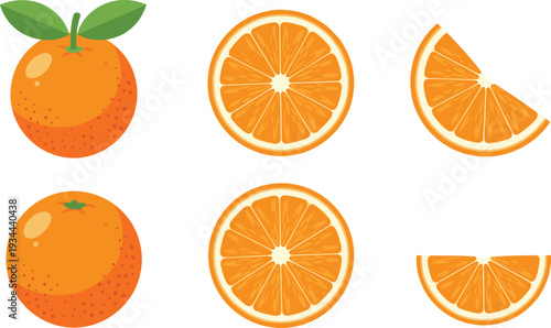 Fresh orange fruit whole and sliced citrus vector illustration set