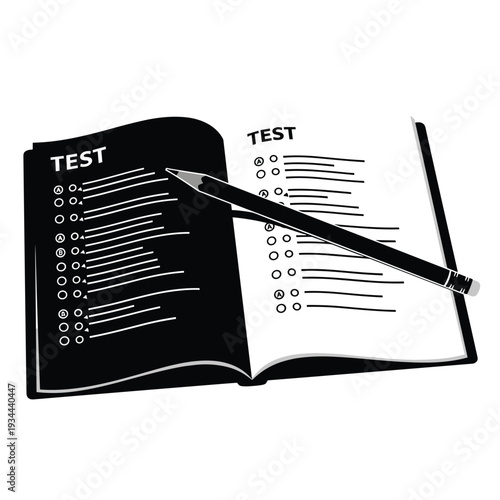 Open book with test paper and pencil, black and white illustration