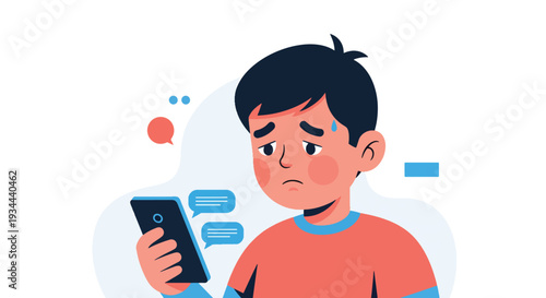 Modern vector illustration of child feeling anxious after negative comments on phone. Cyberbullying and social media pressure concept affecting youth mental health