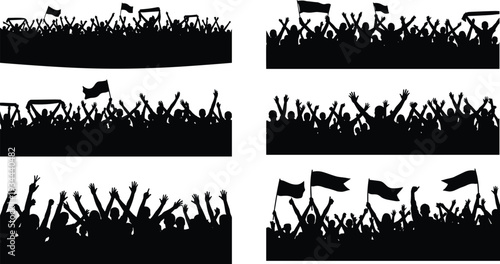 Cheering crowd silhouettes with raised hands and flags isolated on white background, enthusiastic audience collection for concert, protest, celebration and sports event design