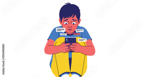 Modern vector illustration of child feeling anxious after negative comments on phone. Cyberbullying and social media pressure concept affecting youth mental health