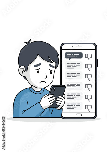 Modern vector illustration of child feeling anxious after negative comments on phone. Cyberbullying and social media pressure concept affecting youth mental health