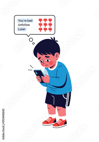 Modern vector illustration of child feeling anxious after negative comments on phone. Cyberbullying and social media pressure concept affecting youth mental health