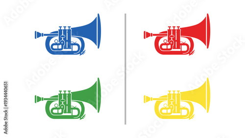 Colorful brass instruments arranged in a grid layout on a plain background