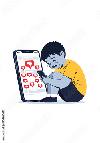 Modern vector illustration of child feeling anxious after negative comments on phone. Cyberbullying and social media pressure concept affecting youth mental health