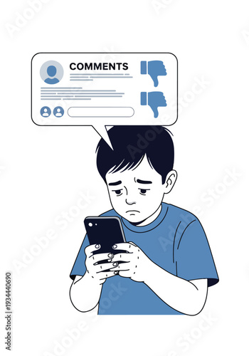 Modern vector illustration of child feeling anxious after negative comments on phone. Cyberbullying and social media pressure concept affecting youth mental health