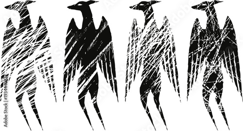 Tribal raven silhouettes in black with textured stripes, abstract bird shapes in a row