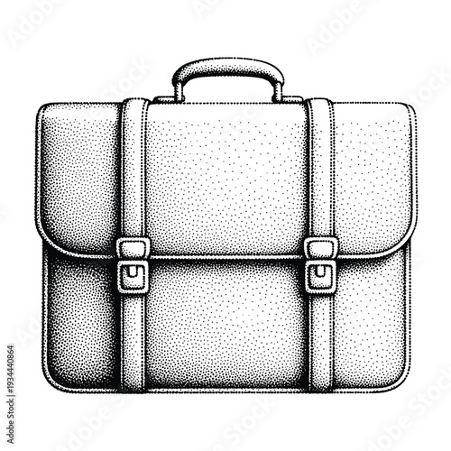 Classic black and white stippled illustration of a leather briefcase with buckles and straps