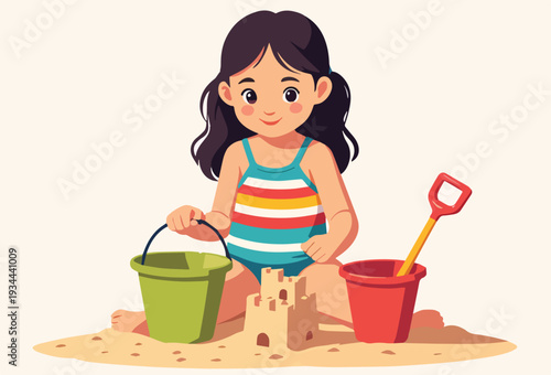 bambina sulla sabbia mentre costruisce un castello e gioca in riva al mare estate in costume da bagno vettoriale 