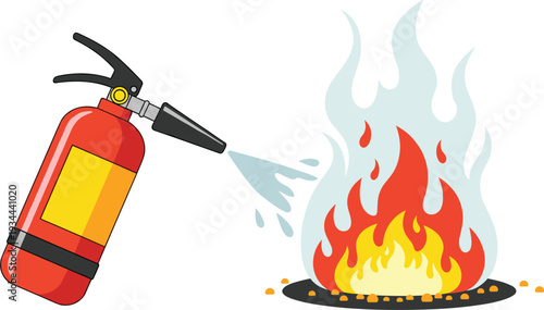 Fire extinguisher spraying water on burning flame safety vector illustration