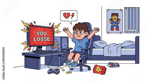 Modern vector illustration of child frustrated after losing online game. Emotional impact of gaming addiction and screen dependency concept for youth mental wellbeing
