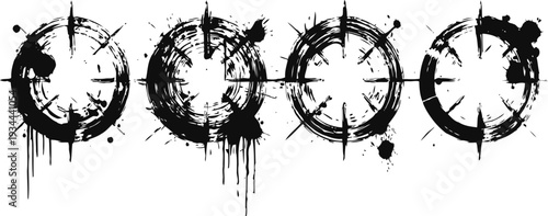 Set of four black grunge clock faces with splatters and drip effects, distressed vintage