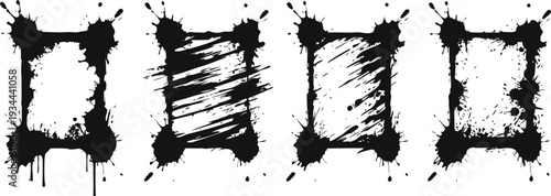 Grunge ink splatter frames set black paint blot borders with rough textured edges abstract creative vector design elements
