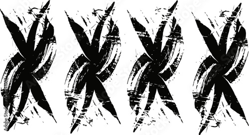 Abstract black brushstroke crosses pattern grunge texture design with random ink splatters artistic distressed background