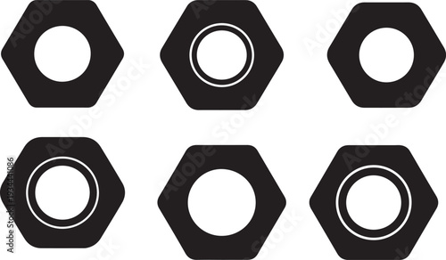 Nut silhouette illustration, black and white. Hex Nut Bolt Icons Set Minimal Line Vector Illustration