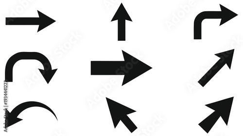 Set of black arrow icons showing different directions and shapes