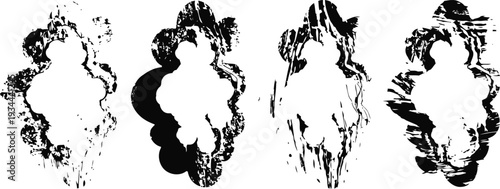 Abstract black ink splash shapes on white background artistic grunge texture, blot design elements, creative brush strokes