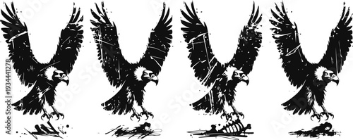 Dynamic eagle landing sequence in black silhouette showing wings spread and talons extended