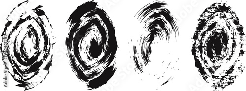 Abstract black brushstroke circles with rough texture dynamic swirl pattern set, artistic ink design elements