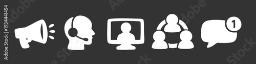 Communication and business icons set featuring megaphone, support headset, video conference, team, and chat notification on a dark background.