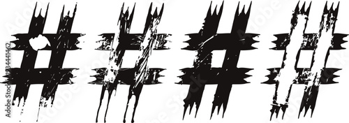 Grunge hashtag symbols with distressed brush stroke texture set of four black ink tags, social media concept design